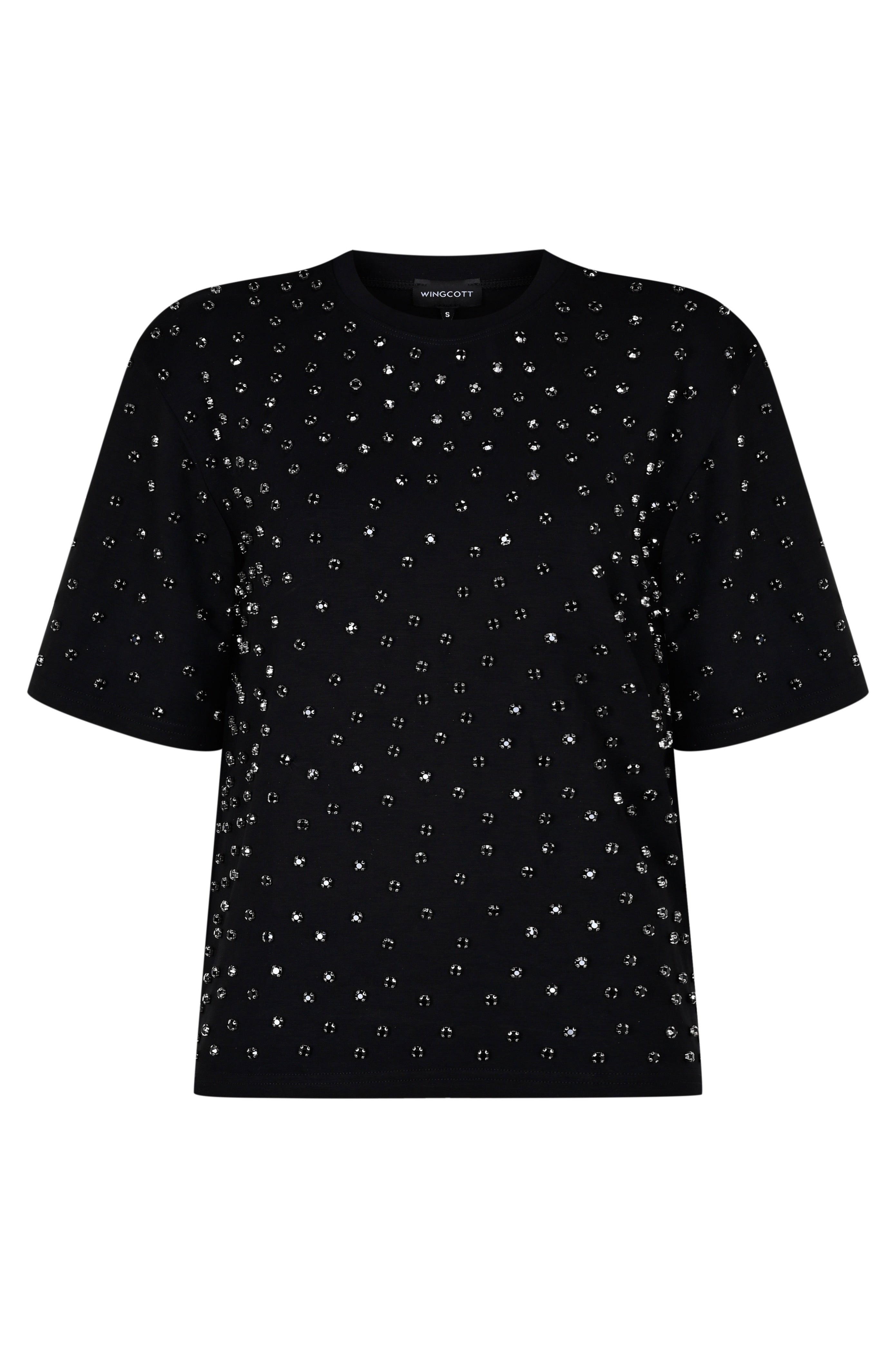 Schwarz Halbarm-T-Shirt mit Schulterpolstern & Strassverzierung