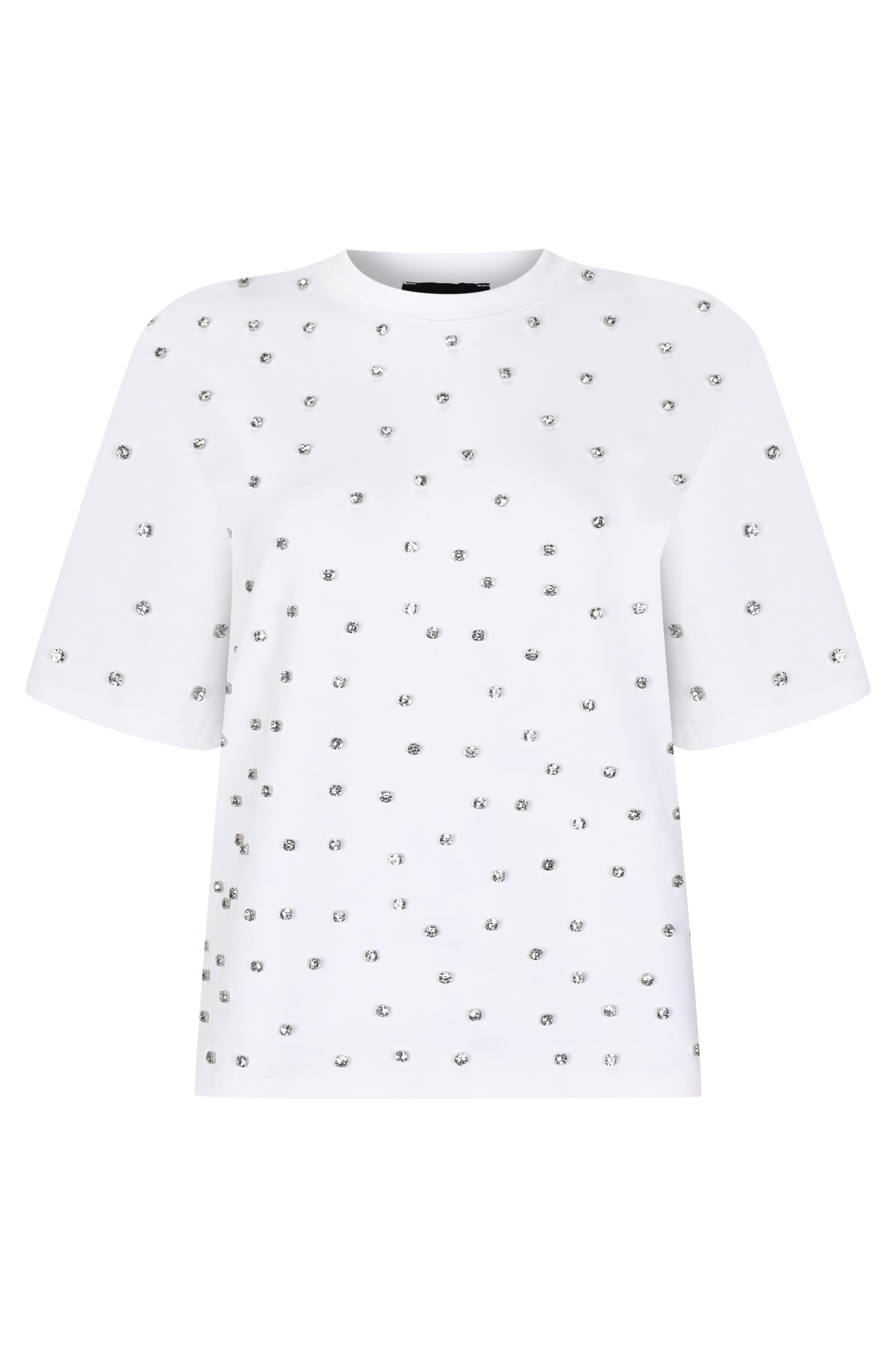 T-Shirt mit Schulterpolstern und Strassstein-Verzierung – Halbarm