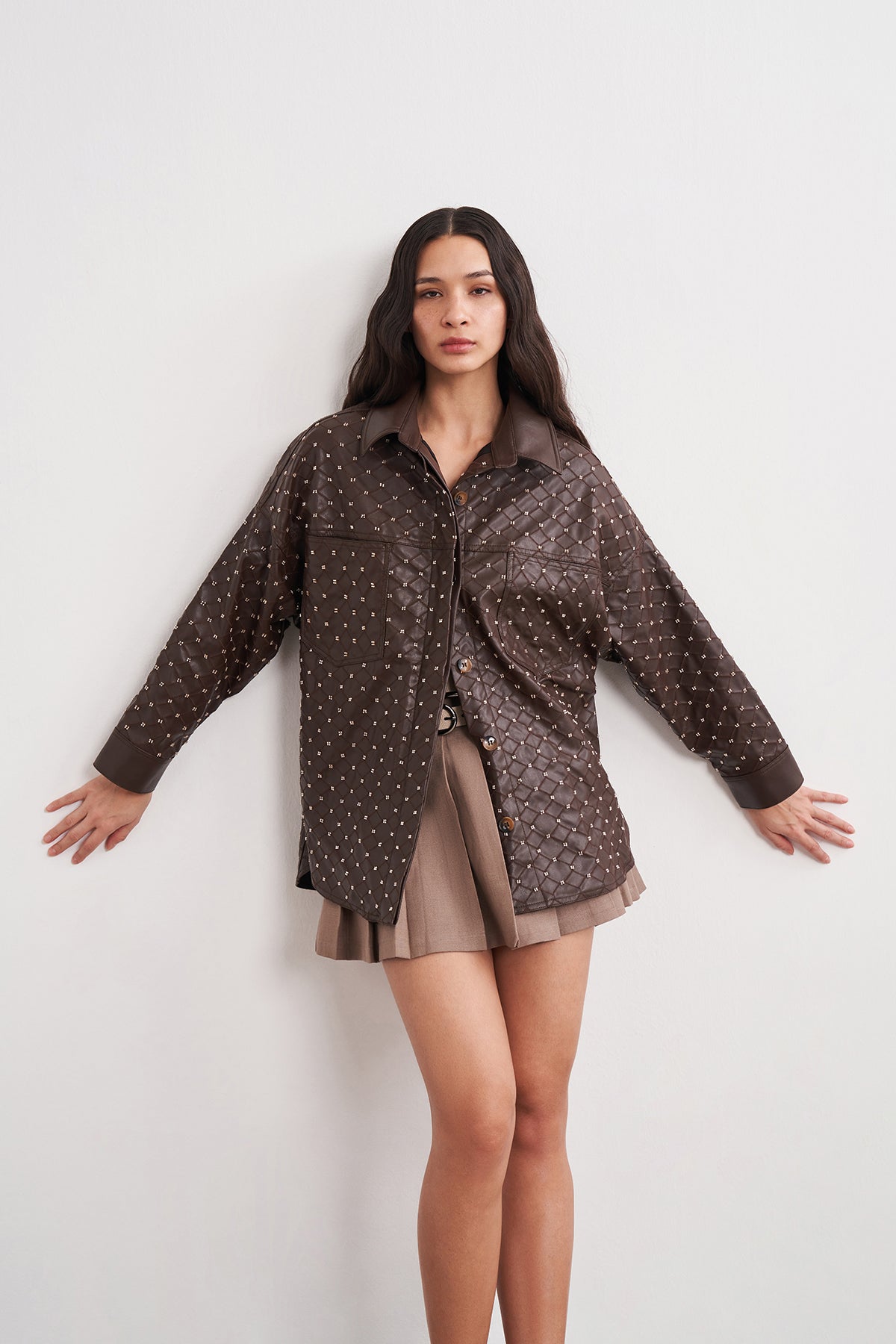 Acı Kahve Boncuk İşlemeli Oversize Gömlek Ceket